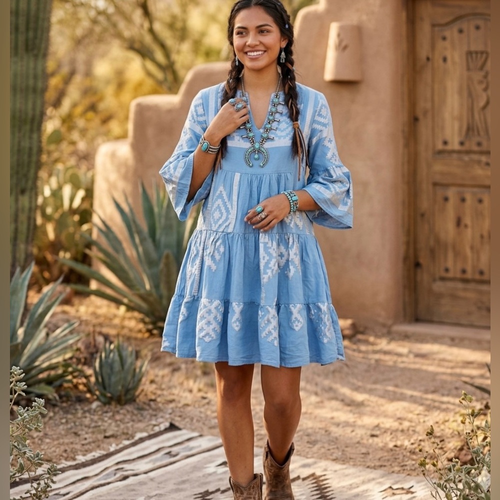 Boho Bell Sleeve Blue White Cotton Ikat Patterned Mini Dress S Tiered